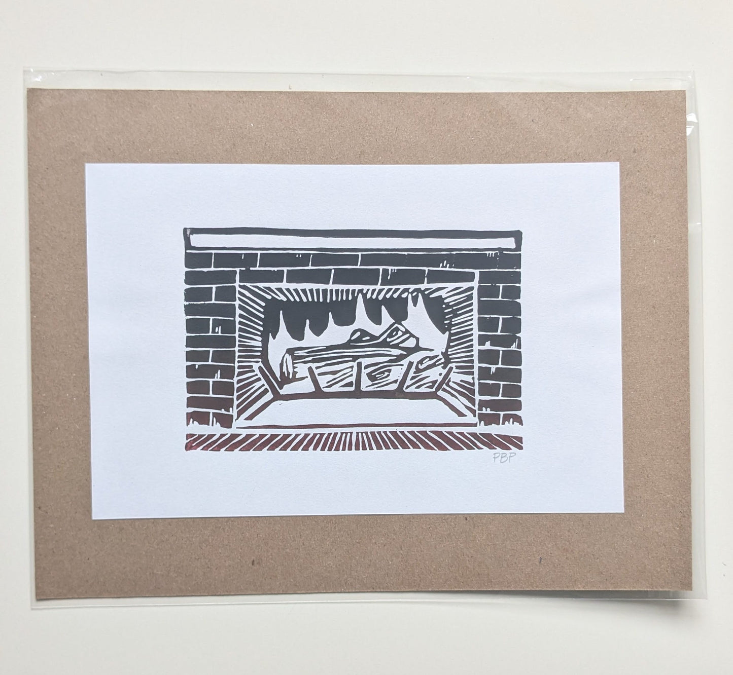 6x9 Hand-carved Linocut Print: Fireplace🔥