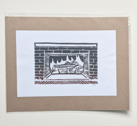 6x9 Hand-carved Linocut Print: Fireplace🔥